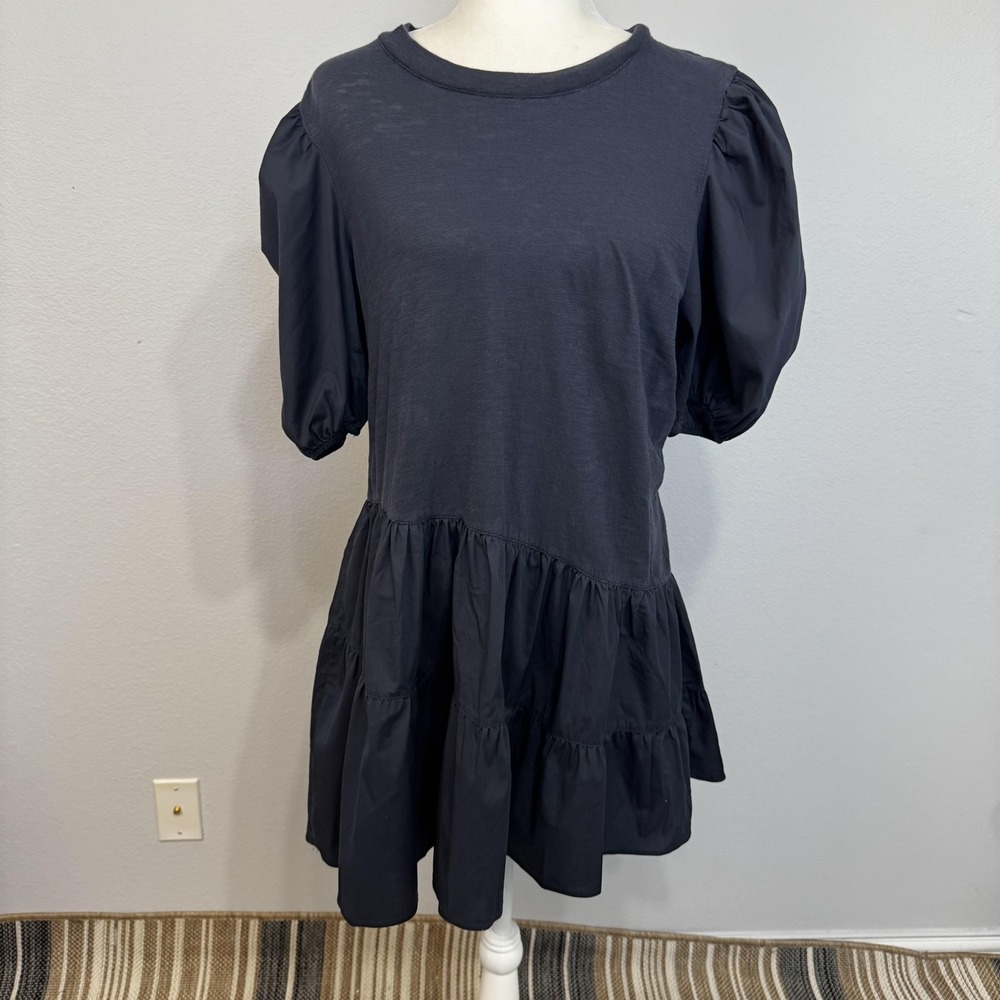 Cinq a Sept Dress Womens Medium Black Puff Sleeve Tiered Ruffle Mini Mixed Media